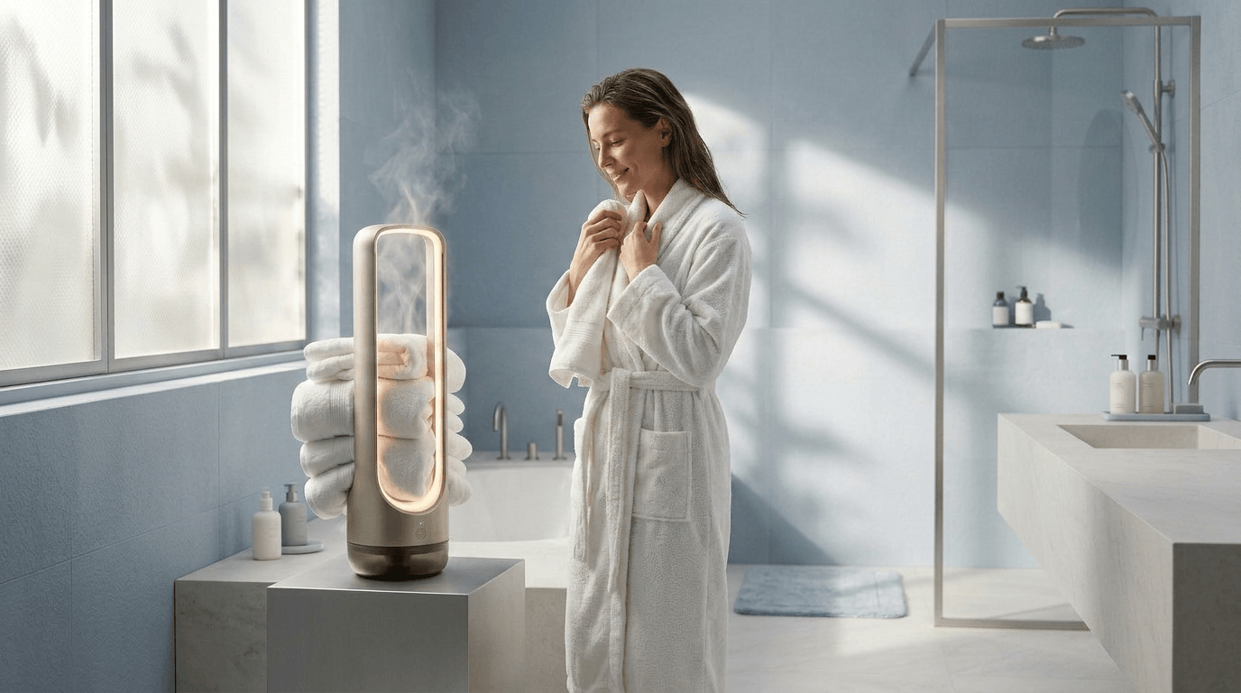 A relaxed woman beside an HHI humidifier in a serene bathroom