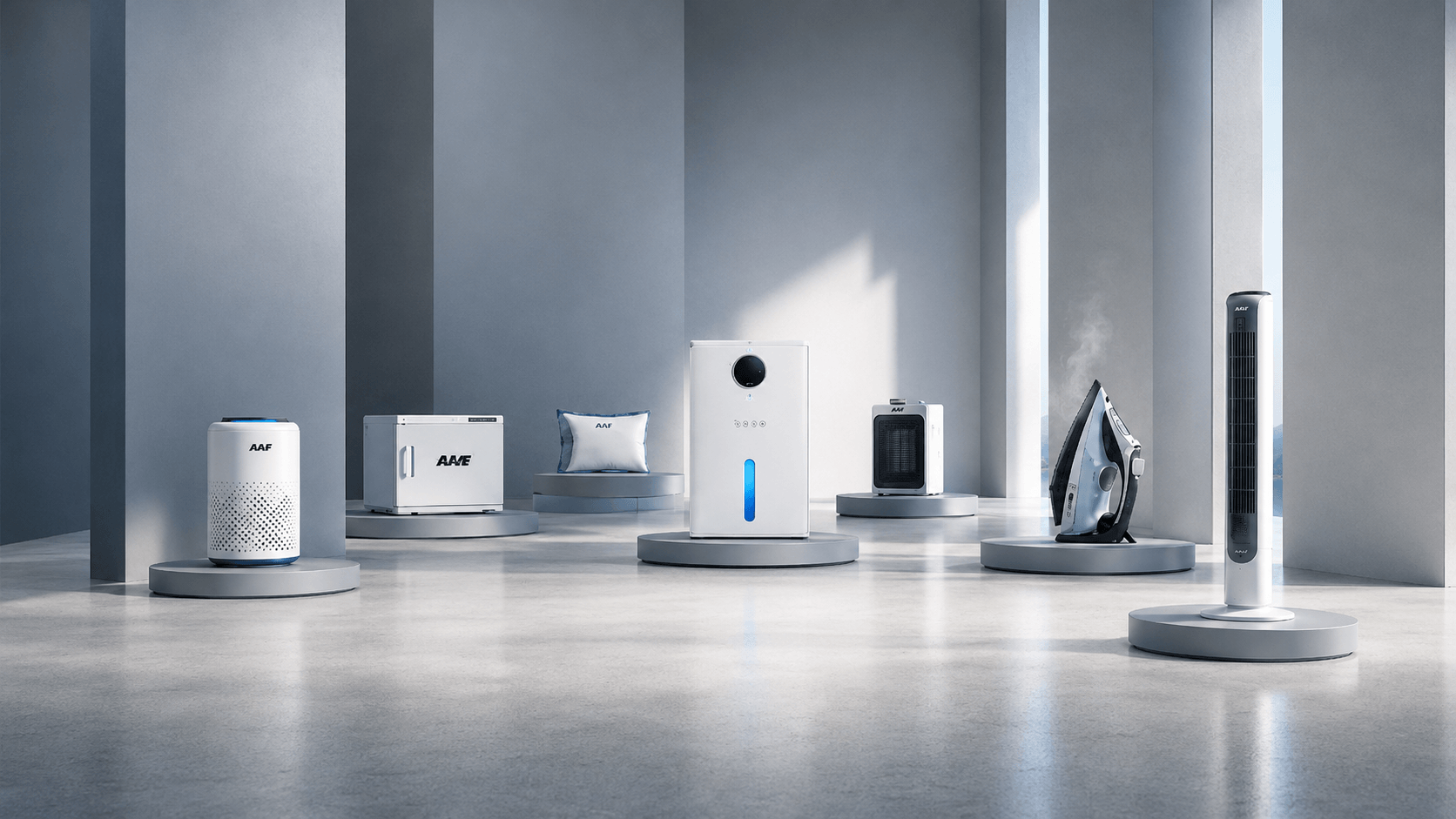 HHI home comfort products displayed in a soft blue architectural space