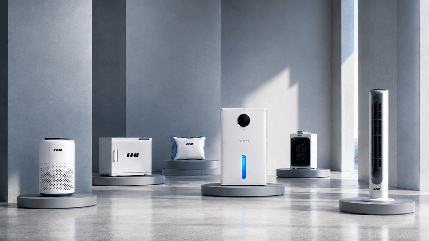 HHI home comfort products displayed in a soft blue architectural space